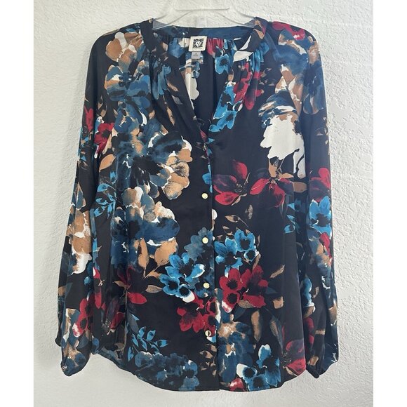 Anne Klein Satin Button Up Top Women’s M Black Floral Dark Fairy Whimsigoth Work - Picture 1 of 9